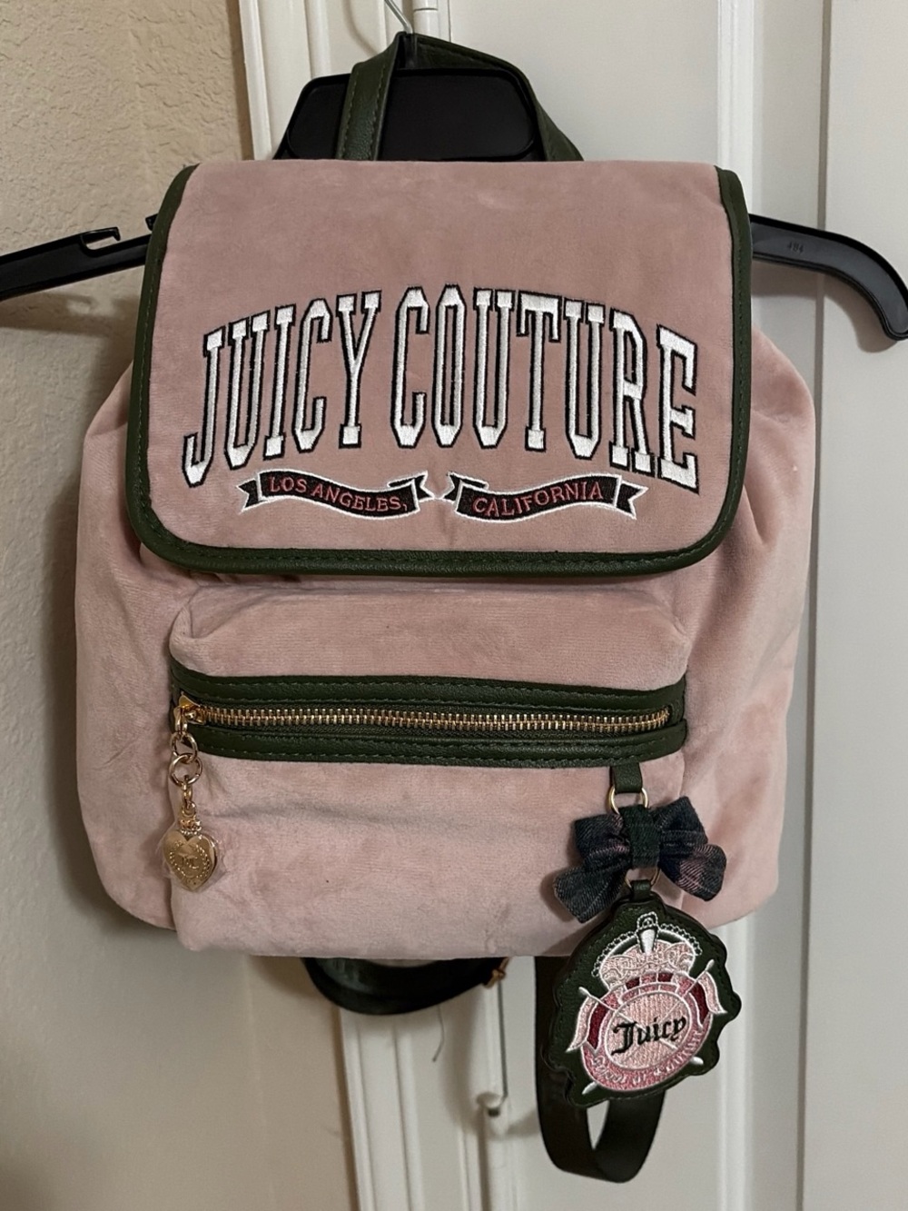 Juicy Couture Pink Velvet Backpack with Green Trim and Gold Accents